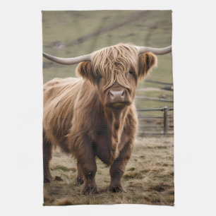 **"Furry Majesty: The Woolly Brown Highland Cow"** Kitchen Towel