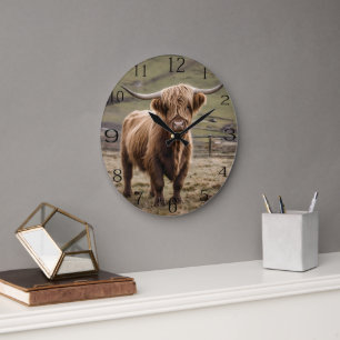 **"Furry Majesty: The Woolly Brown Highland Cow"** Large Clock