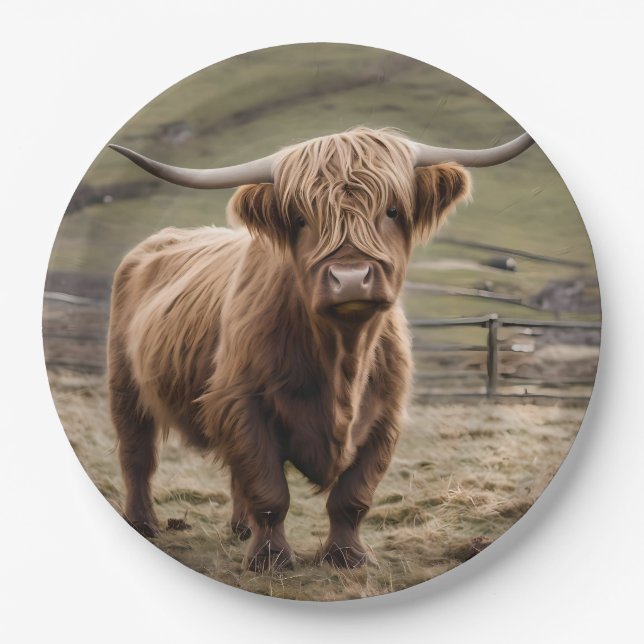 **"Furry Majesty: The Woolly Brown Highland Cow"** Paper Plates (Front)