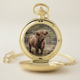 **"Furry Majesty: The Woolly Brown Highland Cow"** Pocket Watch