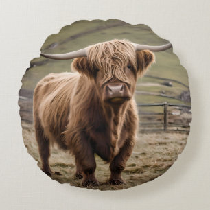 **"Furry Majesty: The Woolly Brown Highland Cow"** Round Pillow