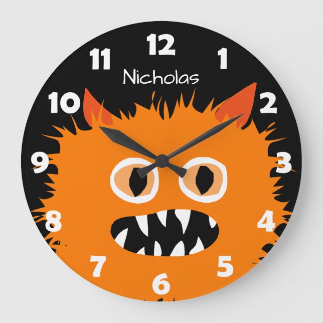 Furry Orange Monster Kids Personalized Silly Large Clock (Front)