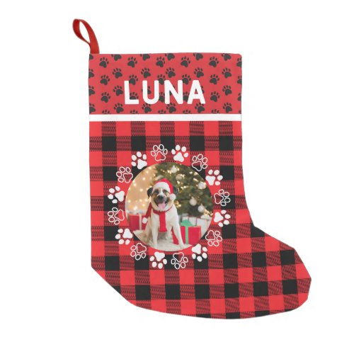 Furry paw dog lovers photo family rustic plaid red small christmas stocking