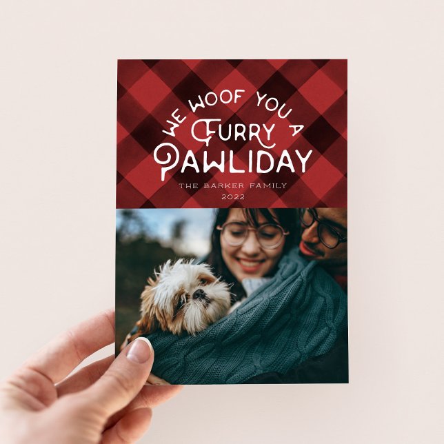 Furry Pawliday | Pet Photo Red Buffalo Check Holiday Card (Creator Uploaded)
