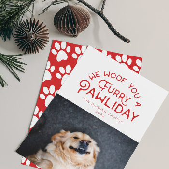 Furry Pawliday Typography | Pet Themed Photo White Holiday Card by NBpaperco at Zazzle