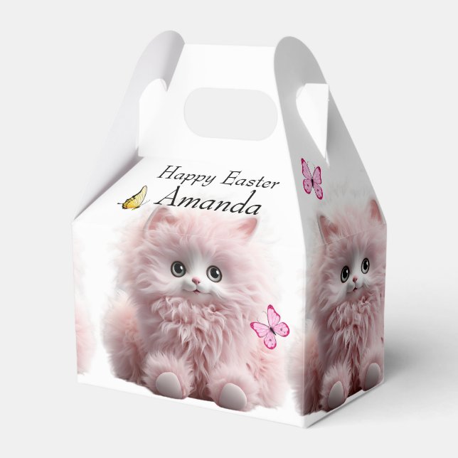 Furry Pink Kitten & Butterflies Easter Favor Boxes (Front Side)