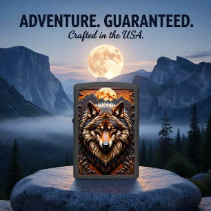 Furry Wolf Moon Night Mountains Zippo Lighter