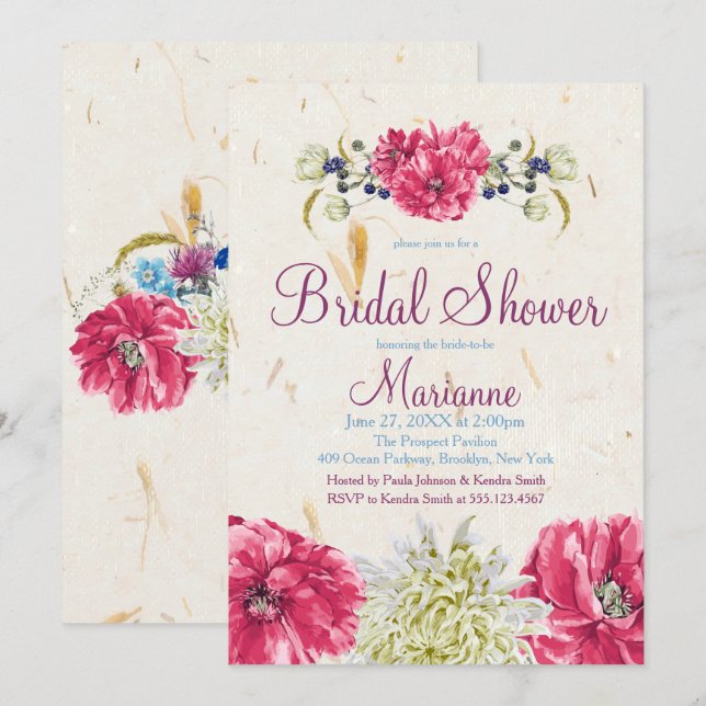 Fuschia and Ivory floral Bridal Shower Invitations (Front/Back)