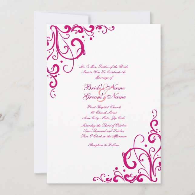 Fuschia and White Flourish Wedding Invitation (Front)