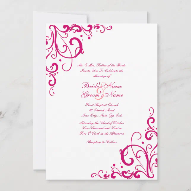 Fuschia and White Flourish Wedding Invitation | Zazzle