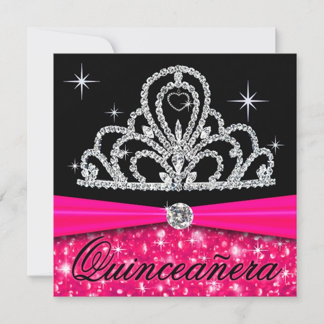 Fuschia Black Quinceanera Princess Tiara Bling Invitation (Front)