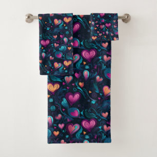 Fuschia Bright Orange Teal Hearts Watercolor Bath Towel Set