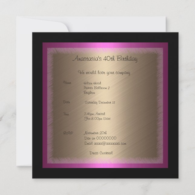 Fuschia Bronze Glamour on Black  Birthday Invitation (Front)