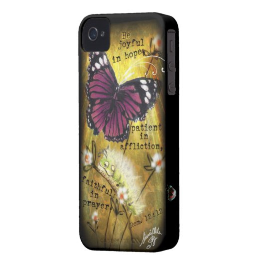 Fuschia Butterfly & Caterpillar 'JO' IPhone Case (Back Left)