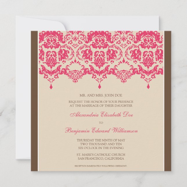 Fuschia Darling Damask Square Wedding Invitation (Front)
