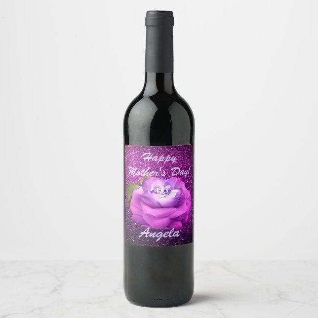 Fuschia Diamond Rose  Faux Glitter Wine Label (Front)