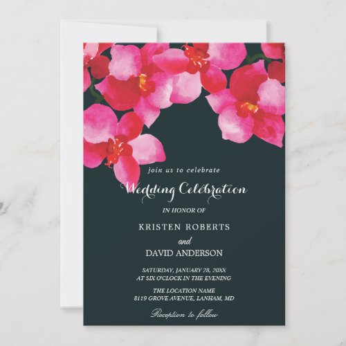 fuschia floral and black wedding invitations