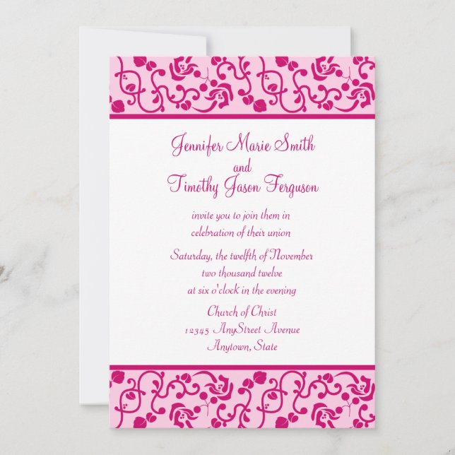 Fuschia floral stylish whimsy wedding invitation (Front)