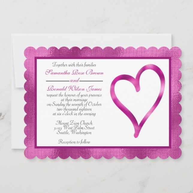 Fuschia foil with open heart wedding invitation (Front)