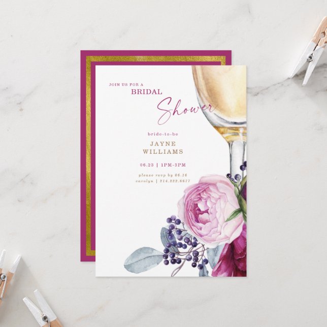 Fuschia & Gold Elegant Bridal Shower  Invitation (Front/Back In Situ)