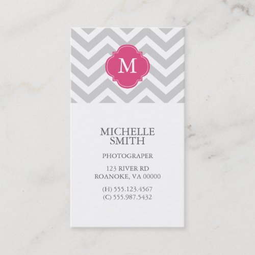 Fuschia &amp; Gray Zigzags Pattern Monogram Business Card