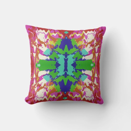 Fuschia Green Blue Gold White Fantasy Flower Motif Throw Pillow