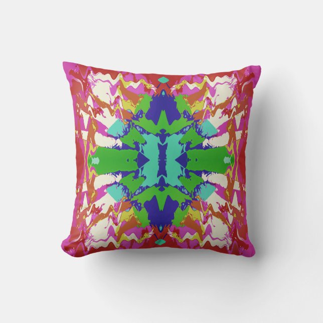 Fuschia Green Blue Gold White Fantasy Flower Motif Throw Pillow (Front)