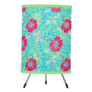 Fuschia Hibiscus Green Leaf on Sea Blue Tropical Tripod Lamp