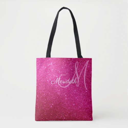 Fuschia Hot Pink Glitter And Sparkles Monogrammed Tote Bag