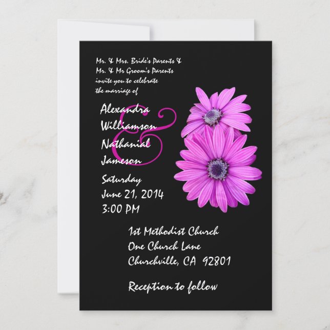 Fuschia Pink and Black Daisy Wedding Invitation (Front)