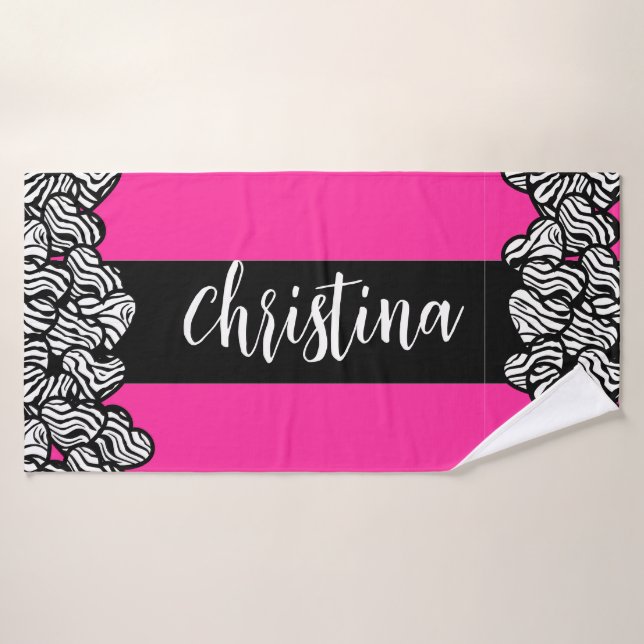 Fuschia pink black white zebra pattern heart name  bath towel (Bath Towel)