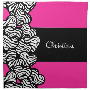 Fuschia pink black white zebra pattern heart name cloth napkin