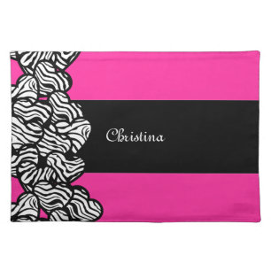 Fuschia pink black white zebra pattern heart name cloth placemat