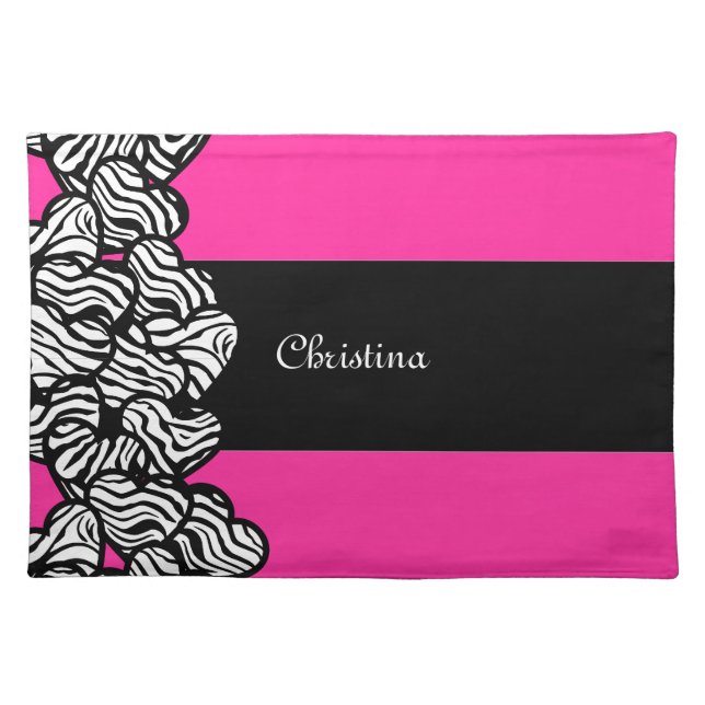 Fuschia pink black white zebra pattern heart name cloth placemat (Front)