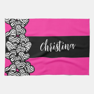 Fuschia pink black white zebra pattern heart name  kitchen towel