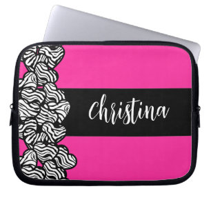 Fuschia pink black white zebra pattern heart name  laptop sleeve