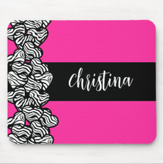 Fuschia pink black white zebra pattern heart name mouse pad