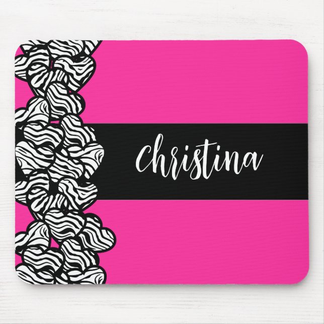 Fuschia pink black white zebra pattern heart name  mouse pad (Front)