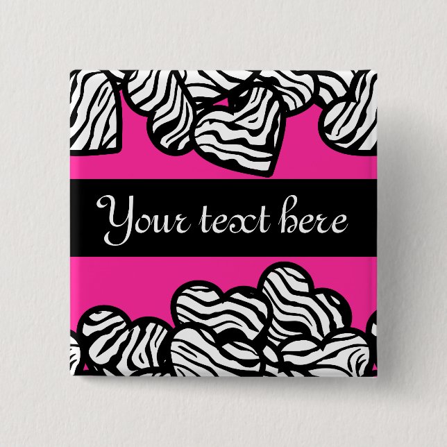 Fuschia pink black white zebra pattern heart name  pinback button (Front)