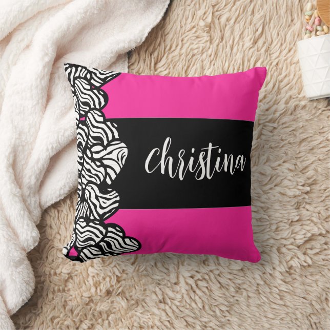 Fuschia pink black white zebra pattern heart name  throw pillow (Blanket)