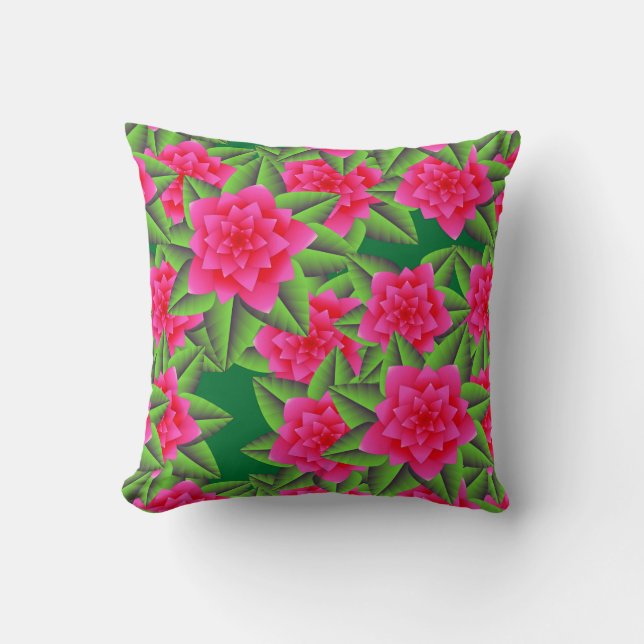 Fuschia Pink Camellias and Green Leaves Throw Pillow (Front)