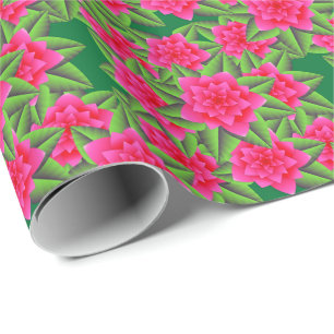 Fuschia Pink Camellias and Green Leaves Wrapping Paper