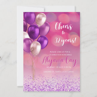 Fuschia pink circle light with purple balloons invitation