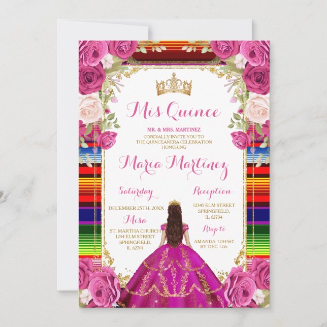 Fuschia Pink Floral Princess Girl Quinceañera Invitation (Front)