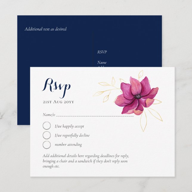 Fuschia Pink Gold Navy Blue Wedding RSVP Postcard (Front/Back)