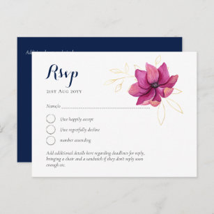Fuschia Pink Gold Navy Blue Wedding RSVP Postcard