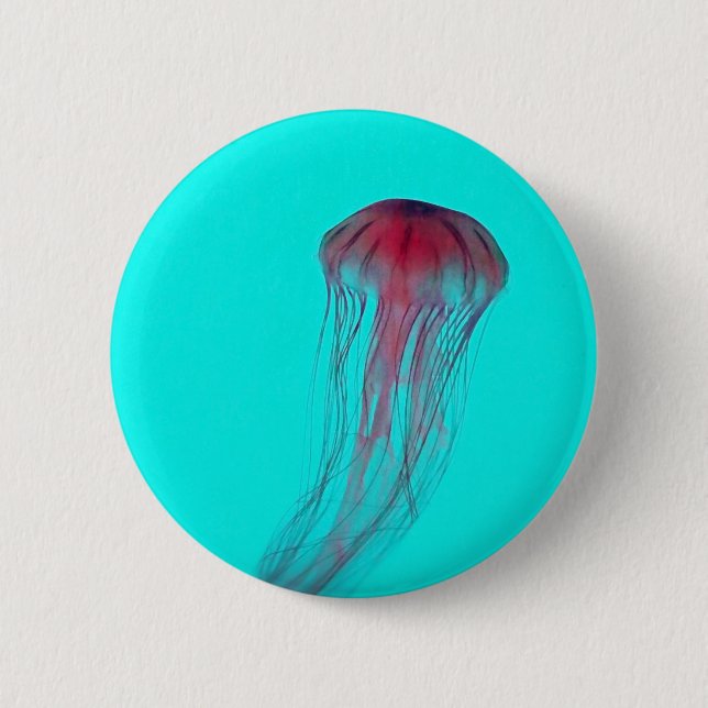Fuschia Pink Jellyfish on Aqua Blue Green Button (Front)