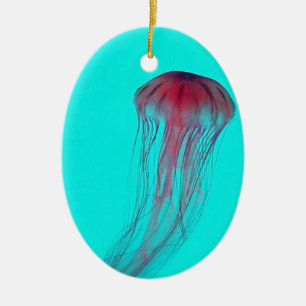 Fuschia Pink Jellyfish on Aqua Blue Green Ceramic Ornament