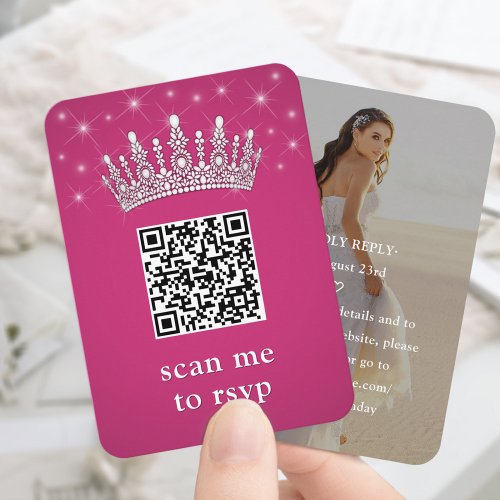 Fuschia Pink QR RSVP Quinceañera Crown & Photo