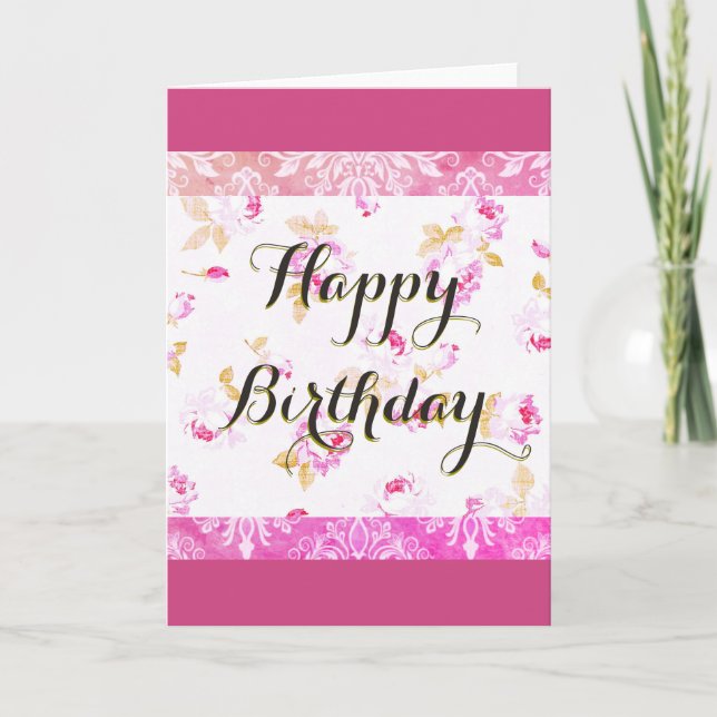 Fuschia Pink Rose Happy Birthday Greeting Card (Front)